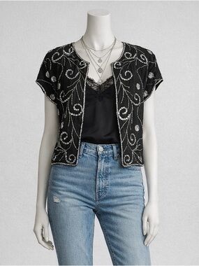 Vintage Black Silk Beaded Sequin Top Fairycore Whimsigoth S Tina